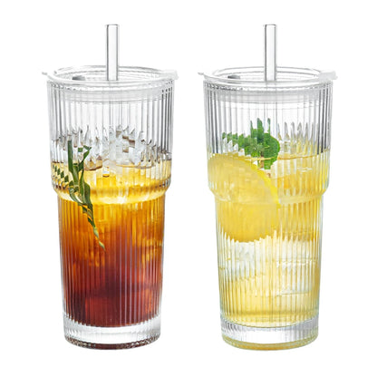 1/2pcs 600ml Stripe Glass Cup with Lid and Straw – Transparent Juice, Water, and Iced Coffee Drinking Glass