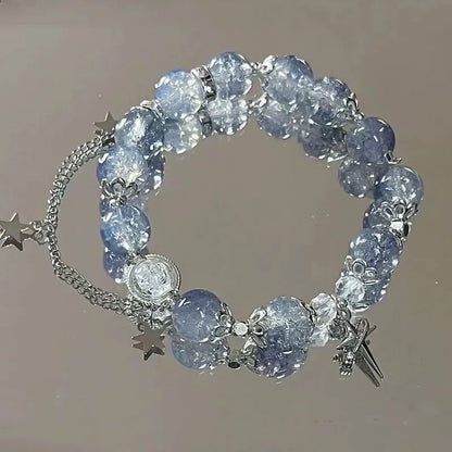 Niche Design Star Chain Tassel Bracelet – Fantasy Blue Crystal Beads Elastic Rope Bracelet for Women
